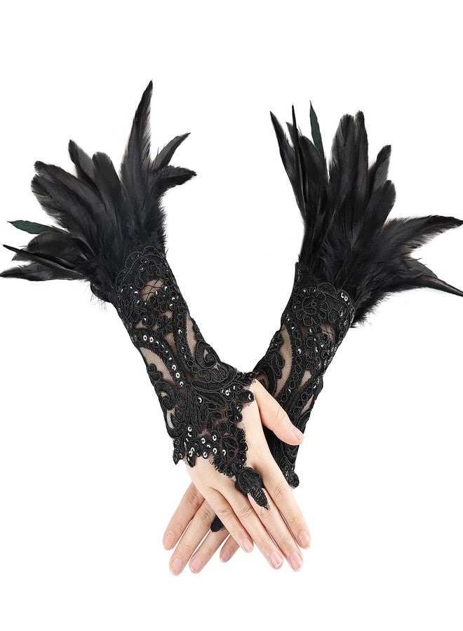 MAOFENG Women's Gothic Lace Feather Gloves Witch Angel Costume Accessories Swan Wings Wrist Bands Lace Fingerless Gloves,Black - Image 1
